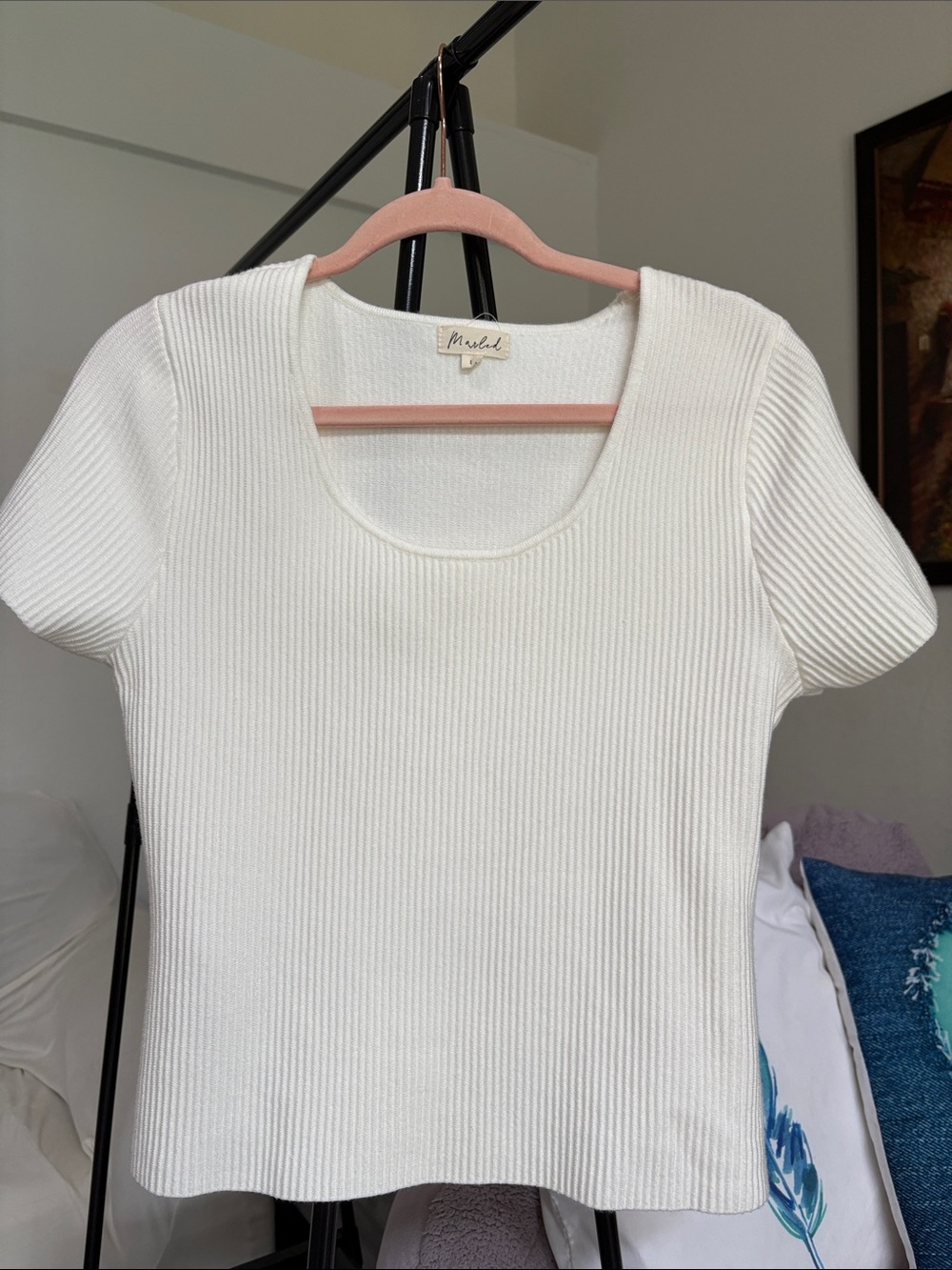 Marled Cream Ribbed Scoop Neck Short Sleeve Top